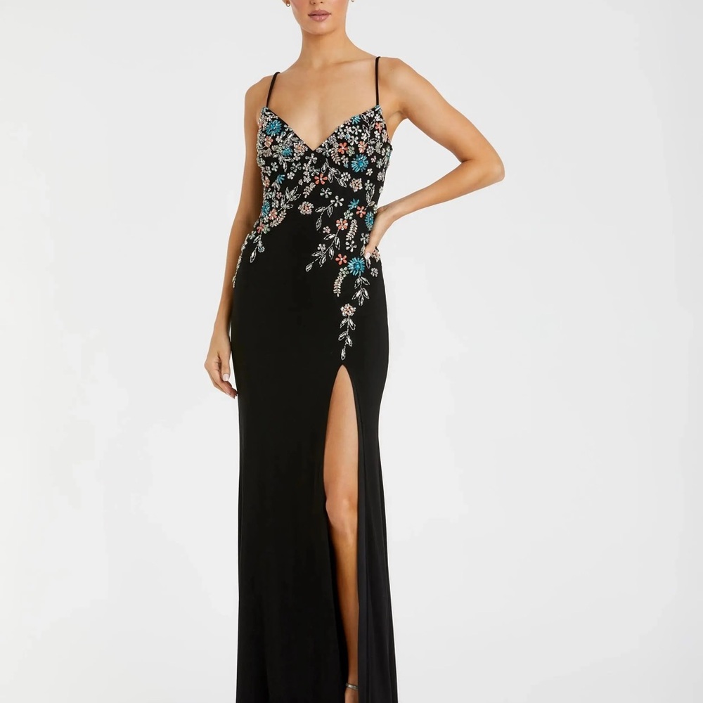Black Multi Color Beaded Floral Cami Gown prom